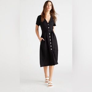 Quince Black Midi Dress with White Buttons